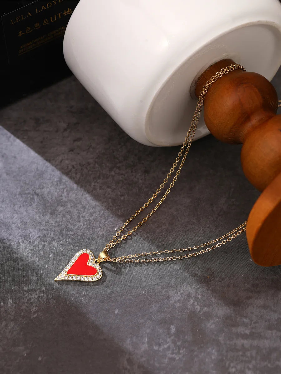 Simple Style Heart Shape Copper Zircon Double Layer Necklaces