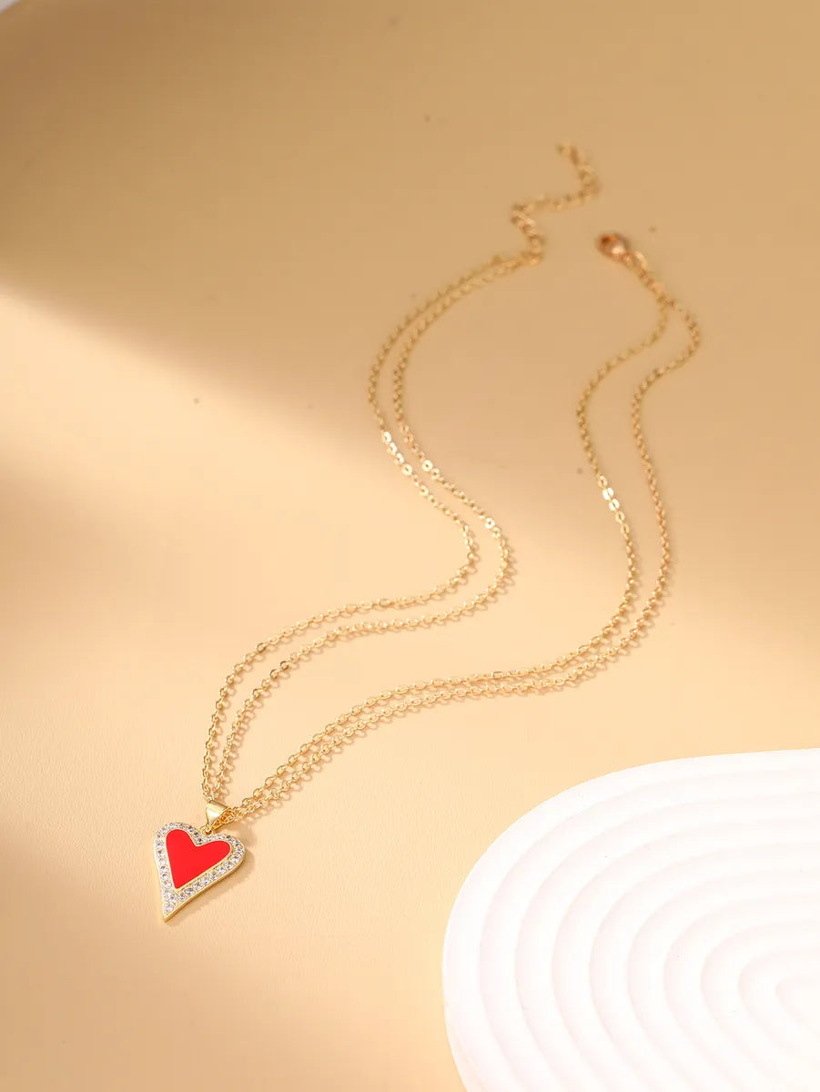 Simple Style Heart Shape Copper Zircon Double Layer Necklaces