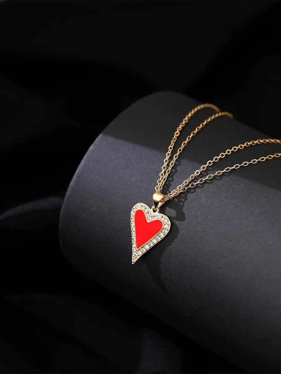 Simple Style Heart Shape Copper Zircon Double Layer Necklaces