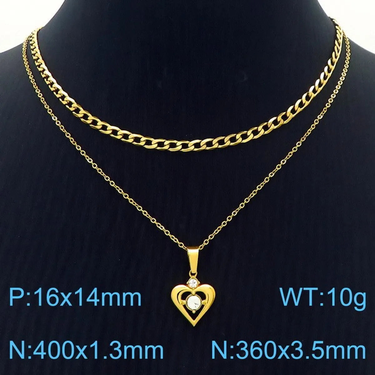 Wholesale Jewelry Simple Style Heart Shape Crown Stainless Steel Titanium Steel Zircon 18K Gold Plated Hollow Out Inlay Double Layer Necklaces