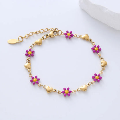 Simple Style Heart Shape Flower Stainless Steel Patchwork Enamel Gold Plated Bracelets