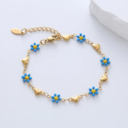 Simple Style Heart Shape Flower Stainless Steel Patchwork Enamel Gold Plated Bracelets