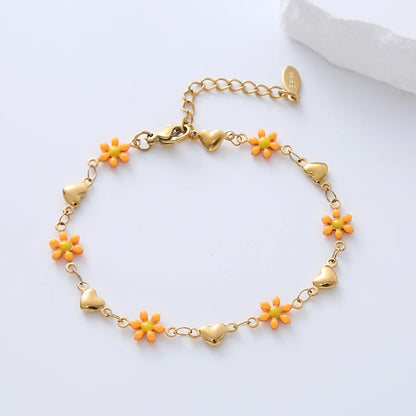 Simple Style Heart Shape Flower Stainless Steel Patchwork Enamel Gold Plated Bracelets