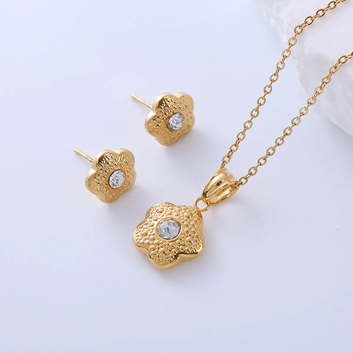 Simple Style Heart Shape Flower Stainless Steel Plating Zircon 18k Gold Plated Earrings Necklace Jewelry Set