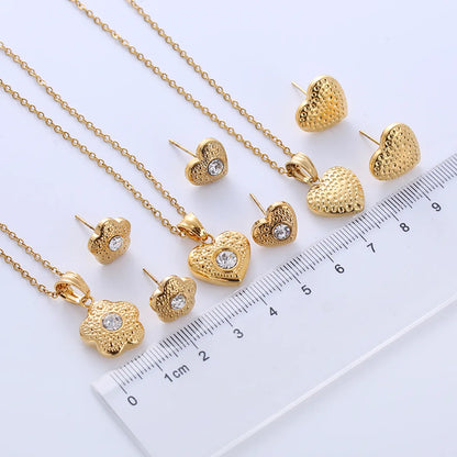 Simple Style Heart Shape Flower Stainless Steel Plating Zircon 18k Gold Plated Earrings Necklace Jewelry Set