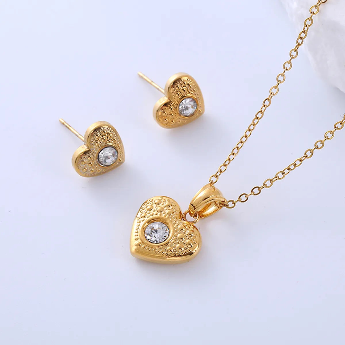 Simple Style Heart Shape Flower Stainless Steel Plating Zircon 18k Gold Plated Earrings Necklace Jewelry Set