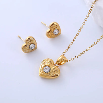 Simple Style Heart Shape Flower Stainless Steel Plating Zircon 18k Gold Plated Earrings Necklace Jewelry Set