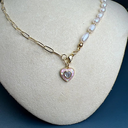 Simple Style Heart Shape Freshwater Pearl Shell Copper Plating Inlay Zircon 18k Gold Plated Women'S Pendant Necklace