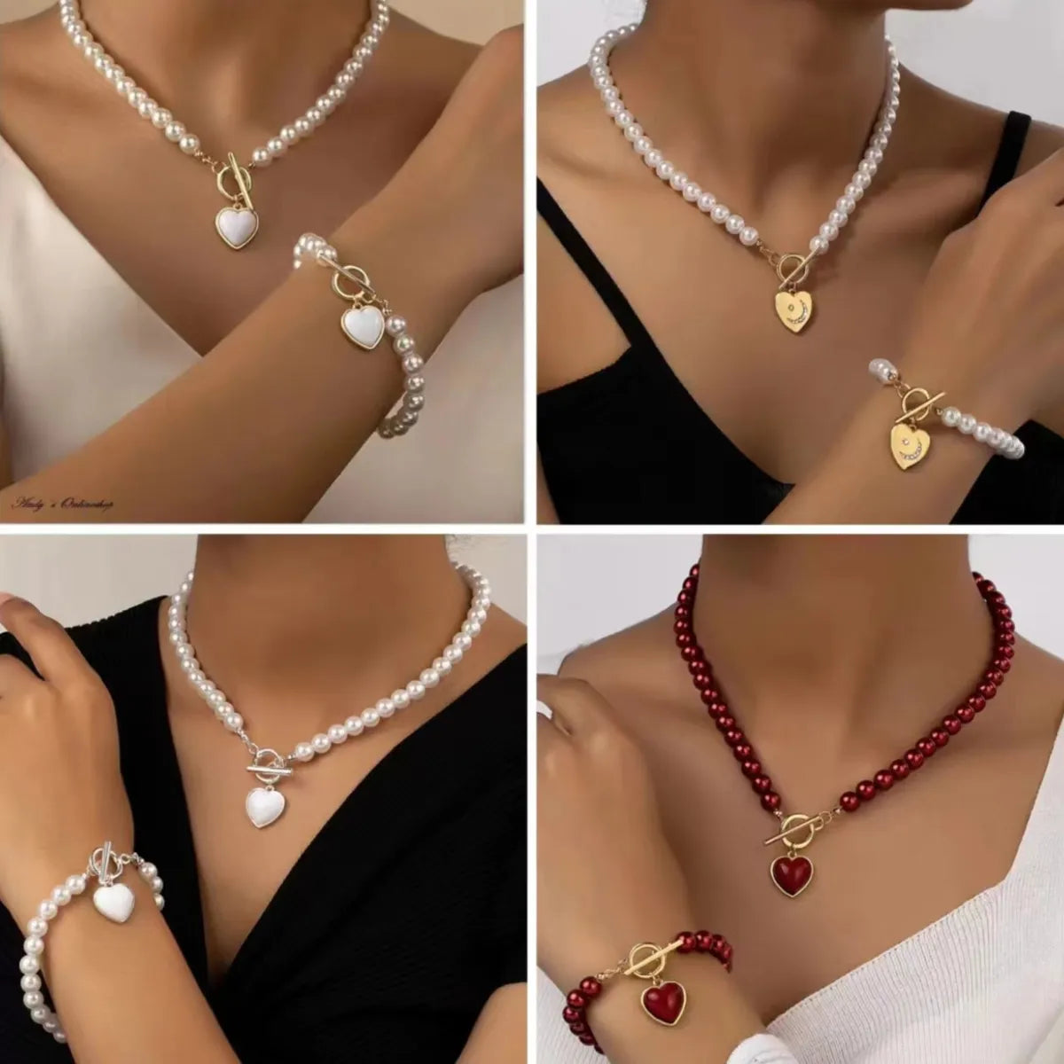 Simple Style Heart Shape Imitation Pearl Copper Women'S Bracelets Necklace