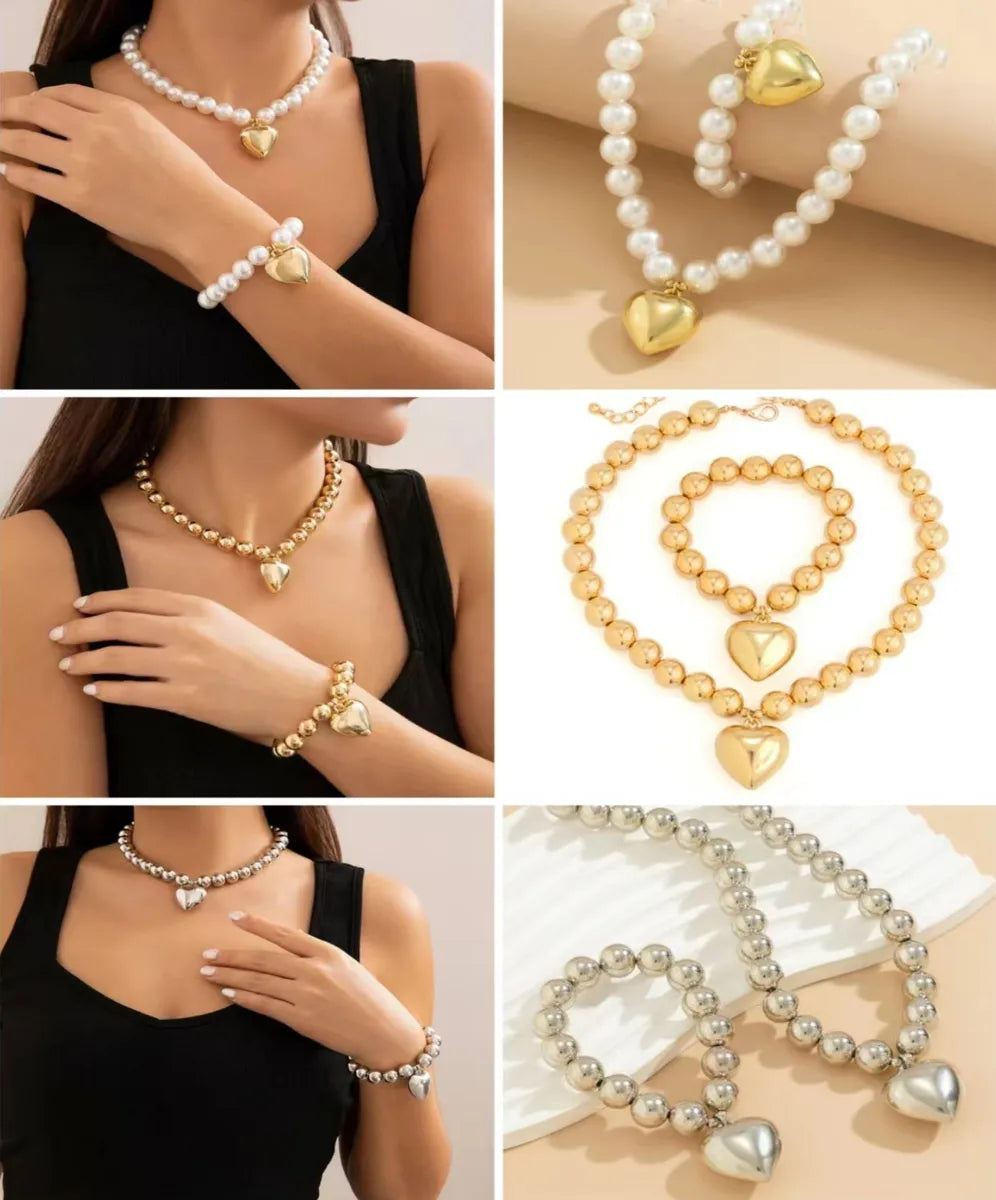 Simple Style Heart Shape Imitation Pearl Copper Women'S Bracelets Necklace