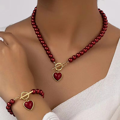 Simple Style Heart Shape Imitation Pearl Copper Women'S Bracelets Necklace