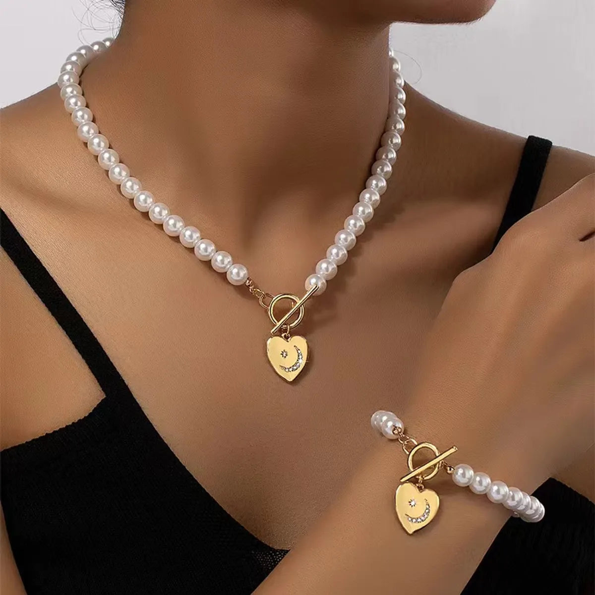 Simple Style Heart Shape Imitation Pearl Copper Women'S Bracelets Necklace