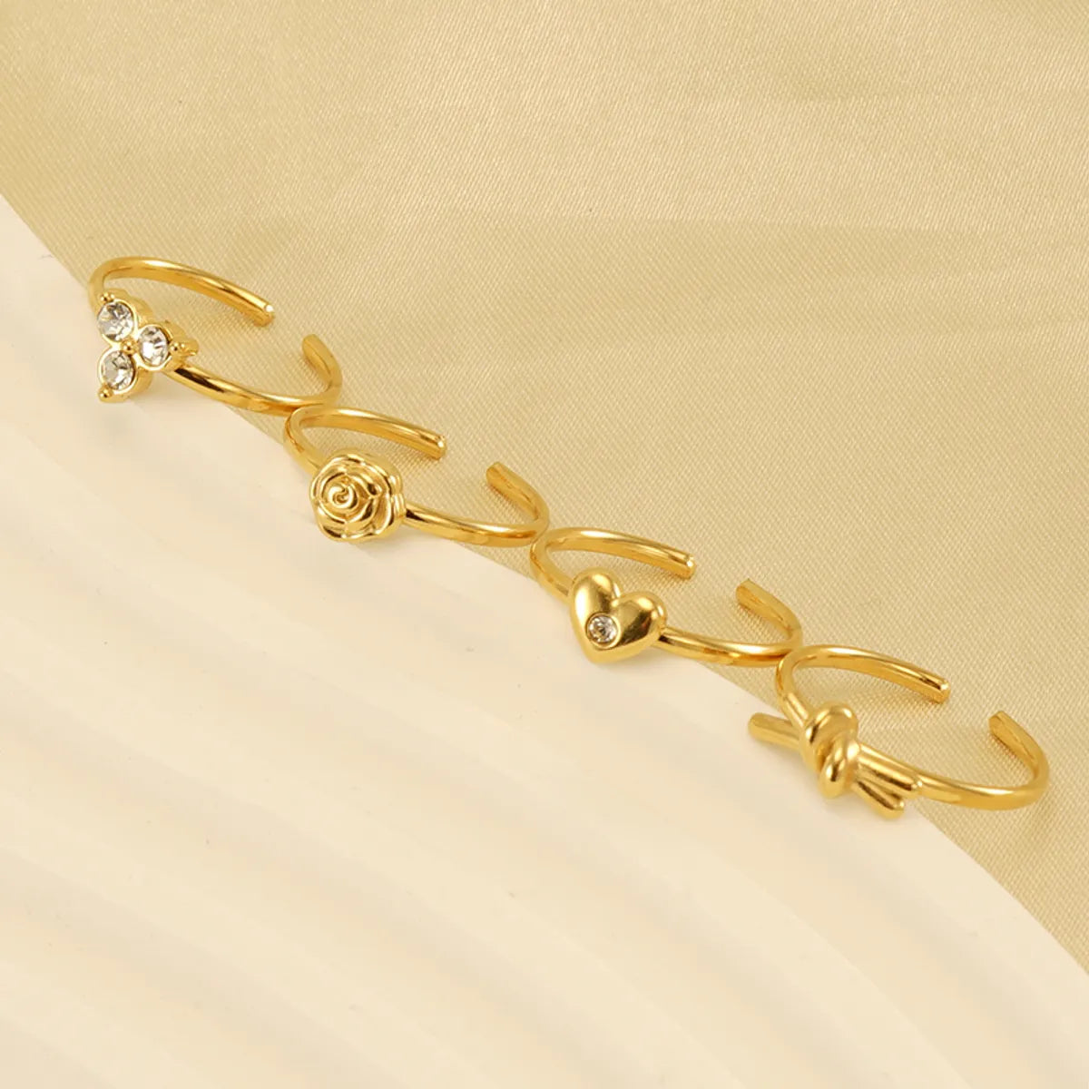 Simple Style Heart Shape Knot Flower Stainless Steel Inlay Rhinestones 18k Gold Plated Open Ring