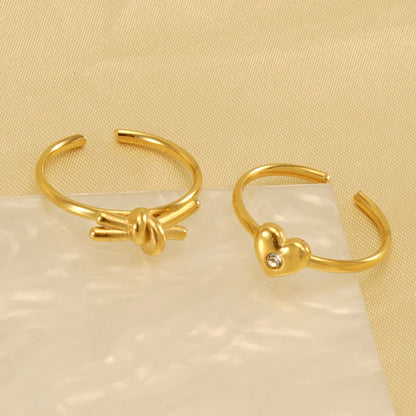 Simple Style Heart Shape Knot Flower Stainless Steel Inlay Rhinestones 18k Gold Plated Open Ring