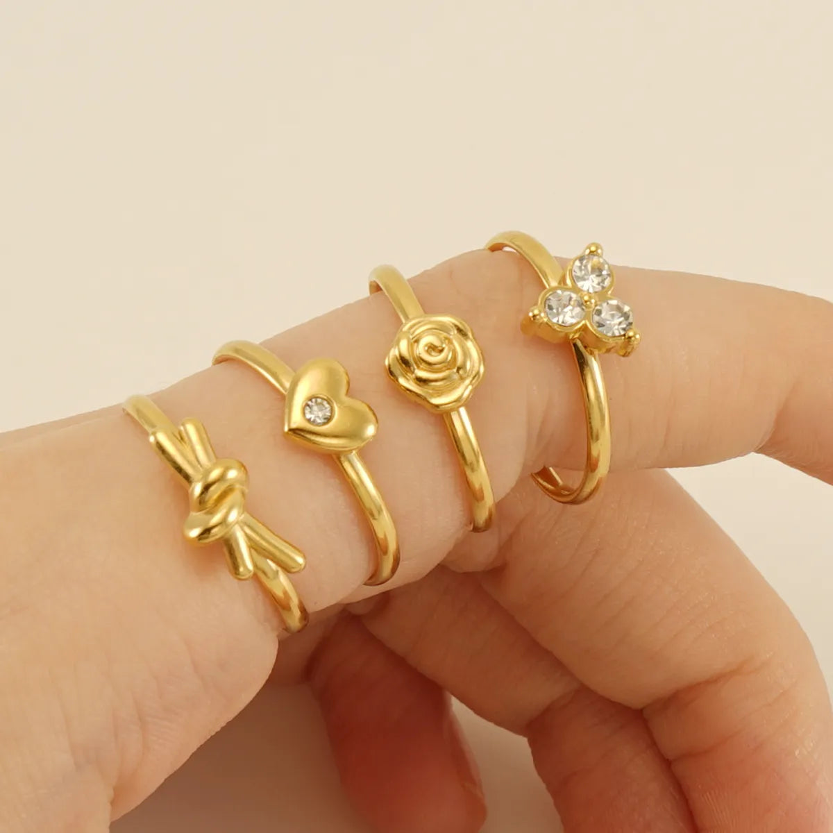 Simple Style Heart Shape Knot Flower Stainless Steel Inlay Rhinestones 18k Gold Plated Open Ring