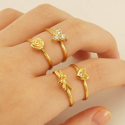 Simple Style Heart Shape Knot Flower Stainless Steel Inlay Rhinestones 18k Gold Plated Open Ring