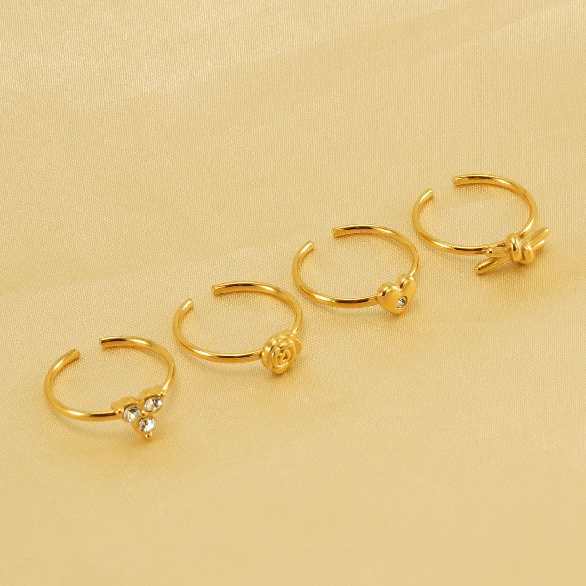 Simple Style Heart Shape Knot Flower Stainless Steel Inlay Rhinestones 18k Gold Plated Open Ring