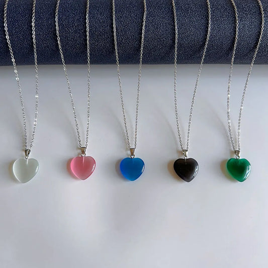 Simple Style Heart Shape Opal Titanium Steel Chain Pendant Necklace