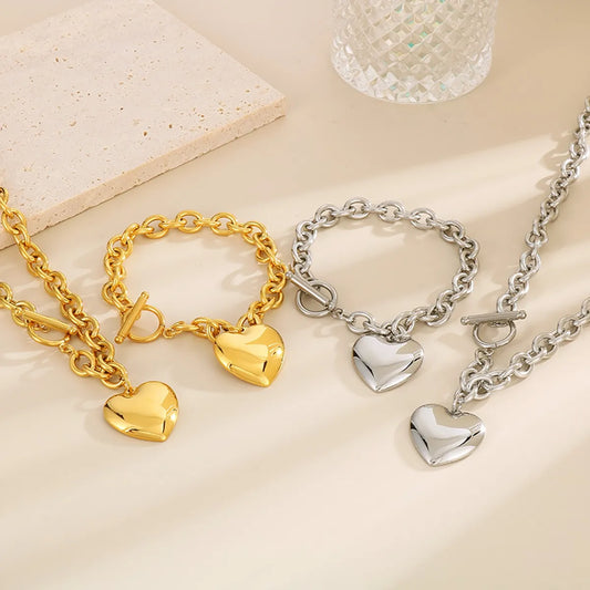 Wholesale Jewelry Simple Style Heart Shape Stainless Steel 18K Gold Plated Chain Bracelets Necklace