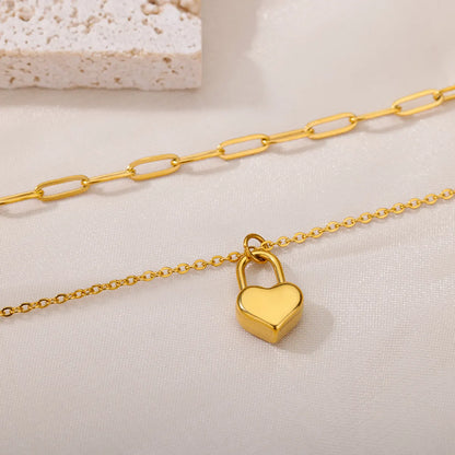 Simple Style Heart Shape Stainless Steel Chain 18k Gold Plated Double Layer Necklaces