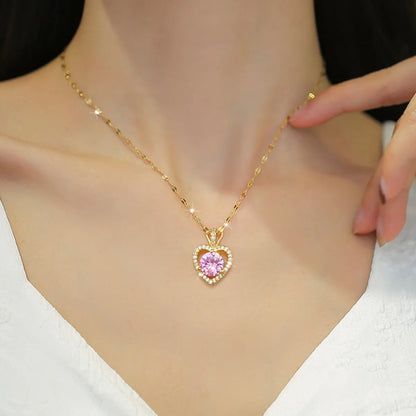 Simple Style Heart Shape Stainless Steel Copper Inlay Artificial Diamond Pendant Necklace