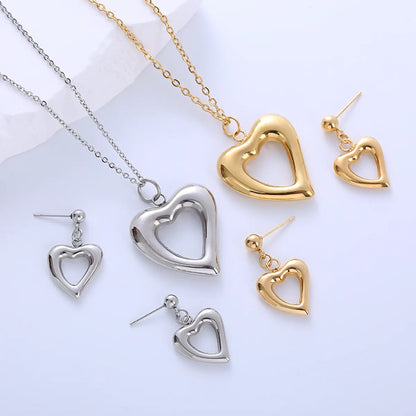 Simple Style Heart Shape Stainless Steel Hollow Out 18k Gold Plated Earrings Necklace Jewelry Set