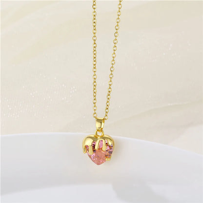 Wholesale Jewelry Simple Style Heart Shape 201 Stainless Steel Zircon 18K Gold Plated Inlaid Zircon Necklace