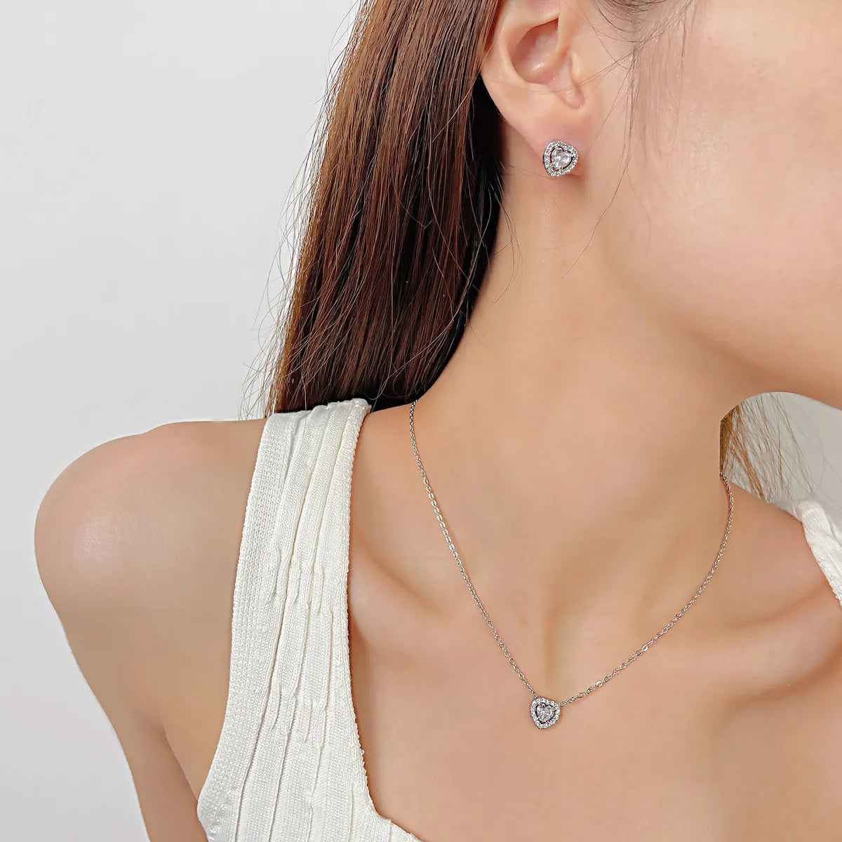 Simple Style Heart Shape Stainless Steel Inlay Zircon Earrings Necklace