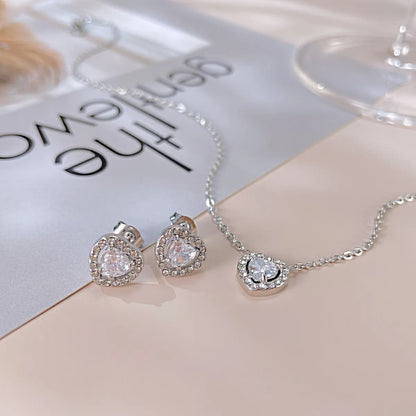 Simple Style Heart Shape Stainless Steel Inlay Zircon Earrings Necklace