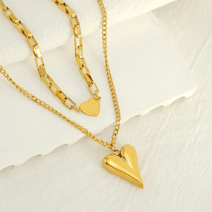 Simple Style Heart Shape Stainless Steel Plating 18k Gold Plated Double Layer Necklaces