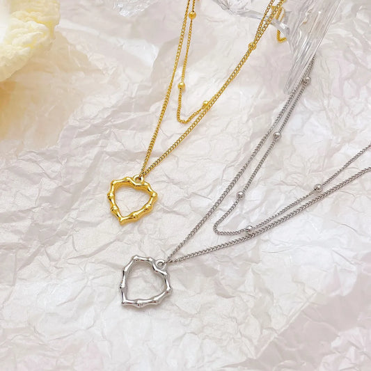 Simple Style Heart Shape Stainless Steel Plating Hollow Out White Gold Plated Gold Plated Double Layer Necklaces