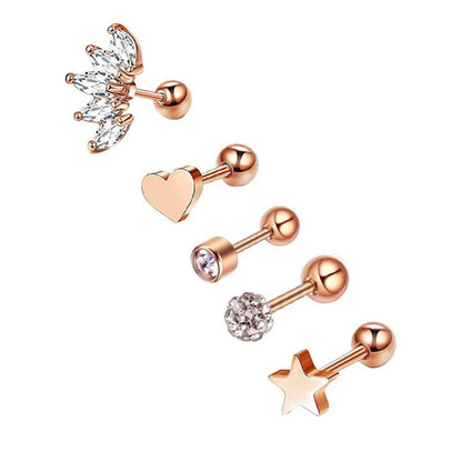 Simple Style Heart Shape Stainless Steel Plating Zircon Ear Studs 5 Piece Set