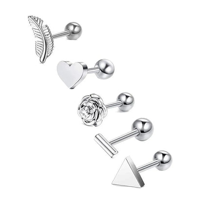 Simple Style Heart Shape Stainless Steel Plating Zircon Ear Studs 5 Piece Set