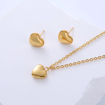 Wholesale Simple Style Heart Shape Stainless Steel Polishing 18k Gold Plated Earrings Necklace Jewelry Set