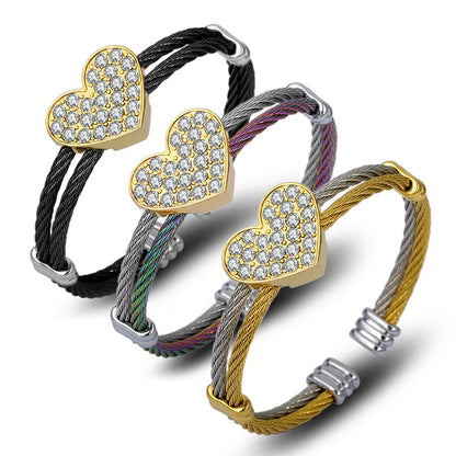 Simple Style Heart Shape Stainless Steel Rhinestones Bangle In Bulk