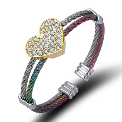 Simple Style Heart Shape Stainless Steel Rhinestones Bangle In Bulk