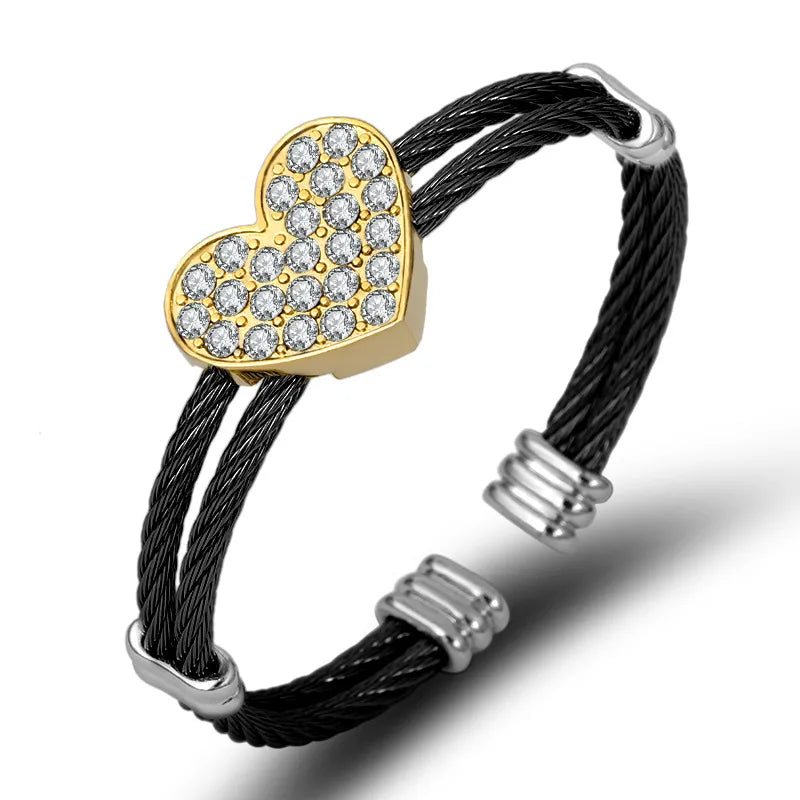 Simple Style Heart Shape Stainless Steel Rhinestones Bangle In Bulk