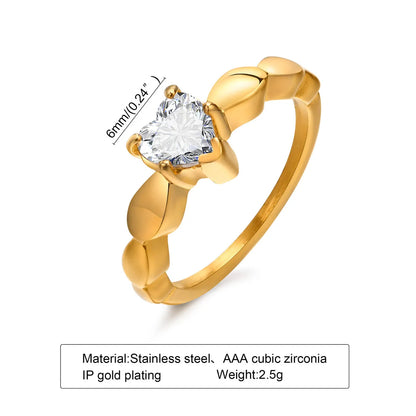 Simple Style Heart Shape Stainless Steel Rings Inlay Zircon Stainless Steel Rings