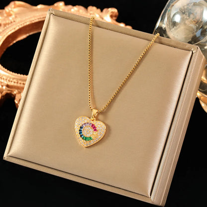 Simple Style Heart Shape Stainless Steel Titanium Steel Plating Inlay Zircon 18k Gold Plated Pendant Necklace