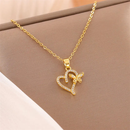 Simple Style Heart Shape Stainless Steel Titanium Steel Plating Zircon 18k Gold Plated Necklace