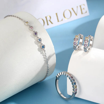 Simple Style Heart Shape Sterling Silver Plating Inlay Zircon White Gold Plated Girl's Rings Earrings Jewelry Set