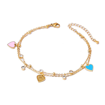 Simple Style Heart Shape 304 Stainless Steel Epoxy Plating Inlay Artificial Diamond 18K Gold Plated Women'S Anklet