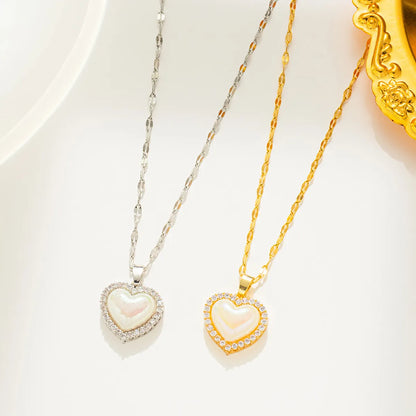 Simple Style Heart Shape Titanium Steel Inlay Artificial Pearls Zircon Pendant Necklace