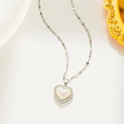 Simple Style Heart Shape Titanium Steel Inlay Artificial Pearls Zircon Pendant Necklace