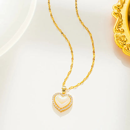 Simple Style Heart Shape Titanium Steel Inlay Artificial Pearls Zircon Pendant Necklace