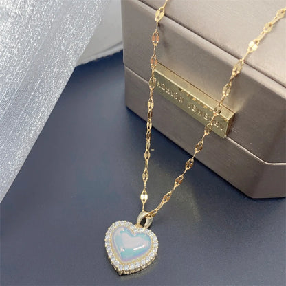 Simple Style Heart Shape Titanium Steel Inlay Artificial Pearls Zircon Pendant Necklace