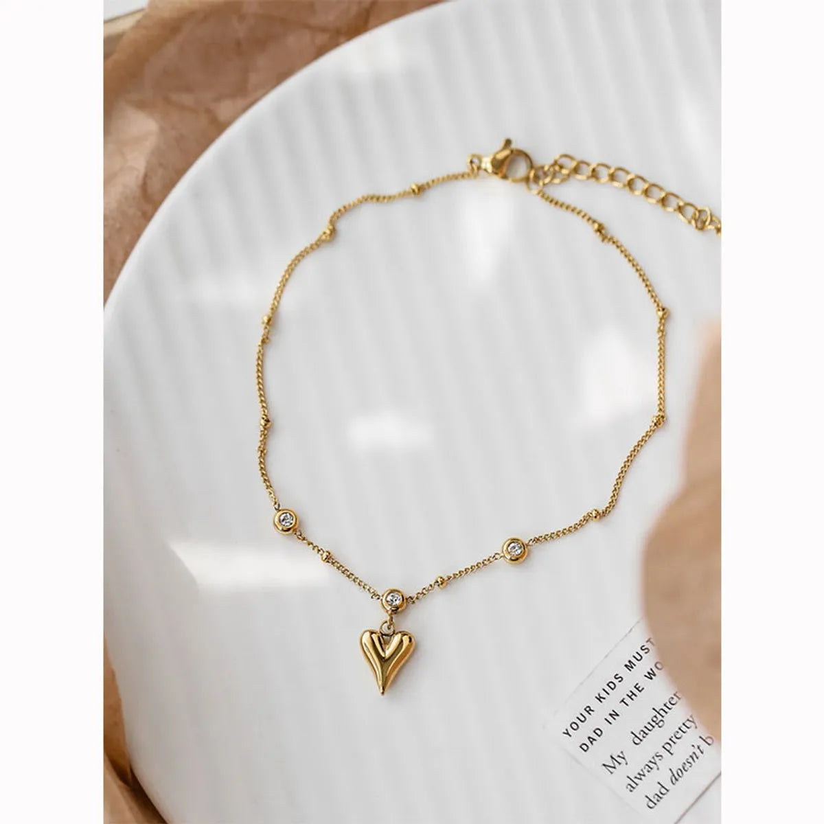 Simple Style Heart Shape 304 Stainless Steel Inlay Artificial Rhinestones 18K Gold Plated Women'S Anklet