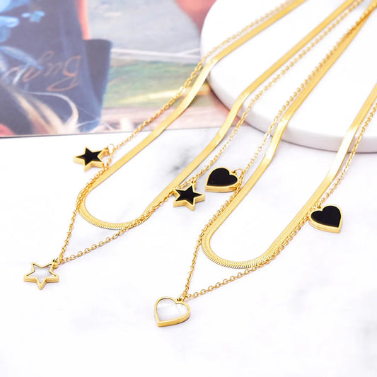 Simple Style Heart Shape Titanium Steel Plating Inlay Shell 18k Gold Plated Layered Necklaces