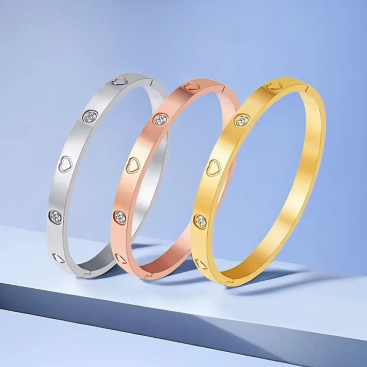 Simple Style Heart Shape Titanium Steel Plating Inlay Zircon Gold Plated Bangle