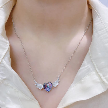 Simple Style Heart Shape Wings Austrian Crystal Sterling Silver Inlaid Zircon Necklace 1 Piece